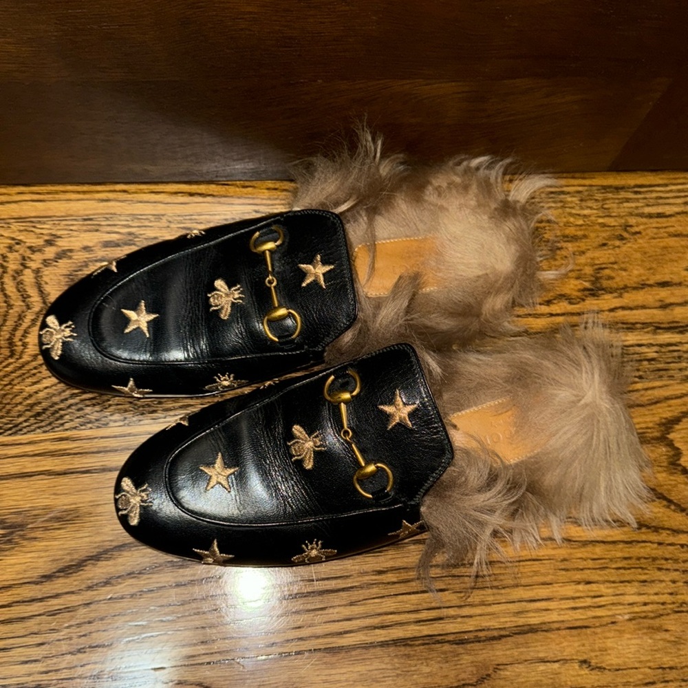 Gucci Bee and Star embroidered Fur Lined Loafers